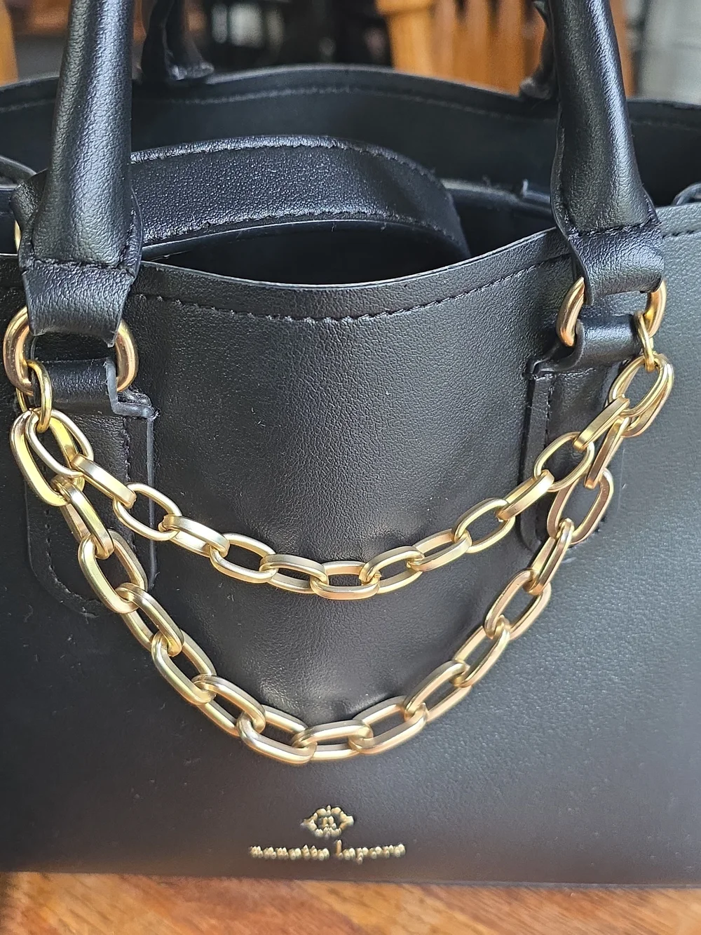 Nenette Lepore Black Faux Leather Top-Handle Crossbody Bag Gold Chain Purse